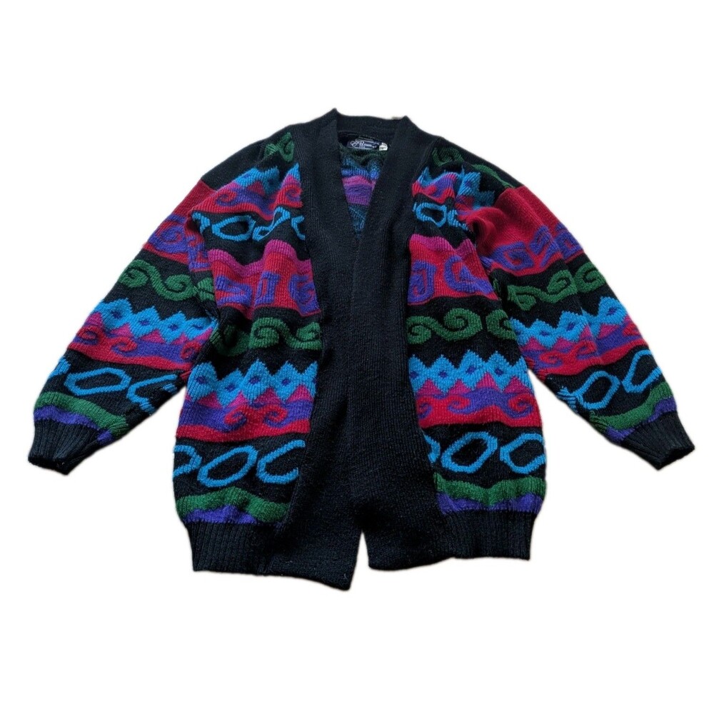 Vintage J.Browne USA L Geometric Knit Open Front Cardigan Sweater Retro Artsy